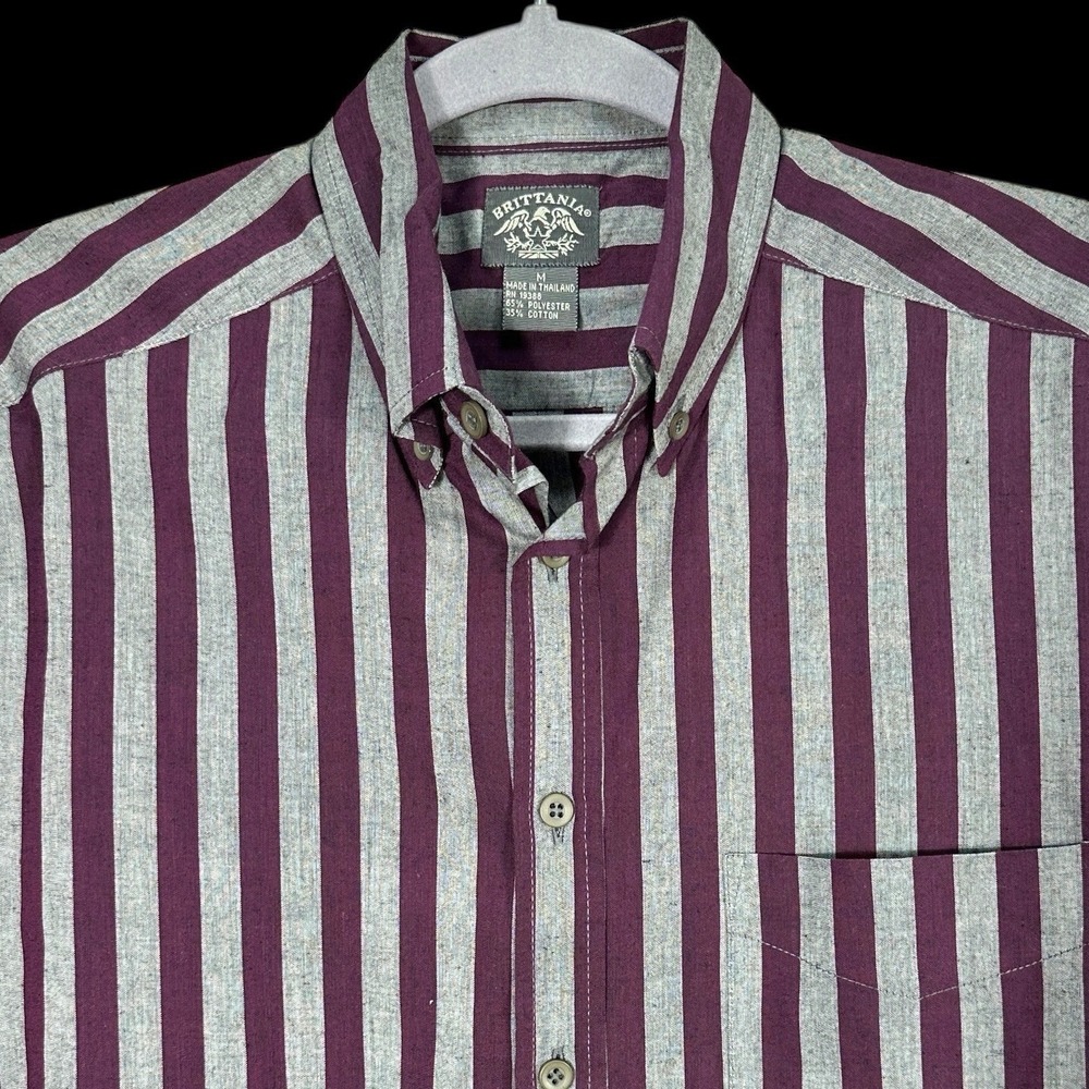 Brittania Mens Medium Purple Gray Striped Button Down Shirt Long Sleeve‎ Cotton